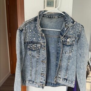 Denim Pearl-Embellished Jacket